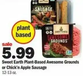 Meijer Sweet Earth Plant-Based Awesome Grounds Or Chick'n Apple Sausage 12-13 oz offer