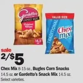 Meijer Chex Mix , Bugles Corn Snacks 14.5 Or Gardetto's SnacK Mix 14.5 oz offer