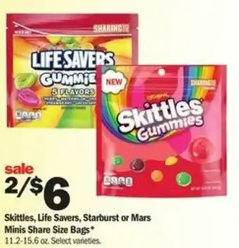 Meijer Skittles,Life Savers, Starbust Or Mars Mini Share Size Bags 11.2-15.6 oz offer