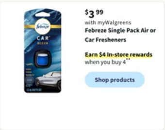 Walgreens Febreze single pack air or car fresheners offer