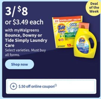 Walgreens Bounce, downy or tide simply laundry care offer