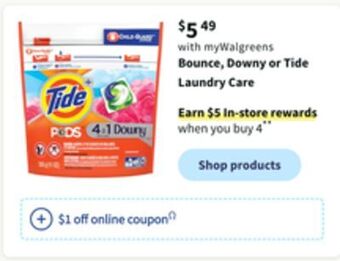 Walgreens Bounce, downy or tide laundry care offer