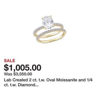 Belk Lab created 2 ct. t.w. oval moissanite and 1/4 ct. t.w. diamond bridal ring set in 14k yellow gold offer