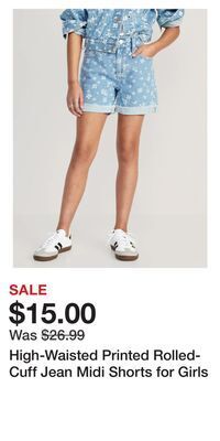 Old Navy High-waisted printed rolled-cuff jean midi shorts for girls offer