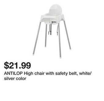 Ikea Antilop high chair with safety belt, white/silver color offer