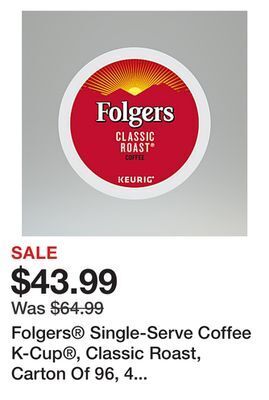 Office Depot Folgers® single-serve coffee k-cup®, classic roast, carton of 96, 4 x 24 per box offer