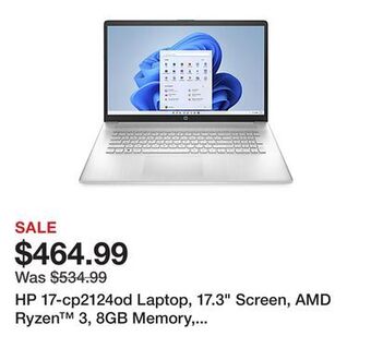 Office Depot Hp 17-cp2124od laptop, 17.3 screen, amd ryzen™ 3, 8gb memory, 256gb solid state drive, wi-fi 6, windows® 11 home offer