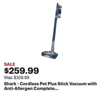 Best Buy Shark - cordless pet plus stick vacuum with anti-allergen complete seal & powerfins, self-cleaning brushroll - blue offer