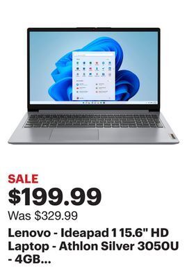 Best Buy Lenovo - ideapad 1 15.6 hd laptop - athlon silver 3050u - 4gb memory - 128gb emmc - cloud grey offer