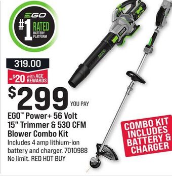 Ace Hardware Ego™ power + 56 volt 15 trimmer & 530 cfm blower combo kit offer