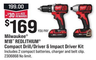 Ace Hardware Milwaukee® m18™ redlithium® compact drill/driver & impact driver kit offer