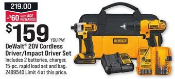 Ace Hardware Dewalt® 20v cordless driver/impact driver set offer