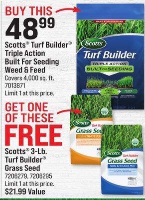 Ace Hardware Scotts® turf builder® triple action built for seeding weed & feed offer