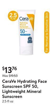 Walmart Cerave hydrating face sunscreen spf 50, lightweight mineral sunscreen offer