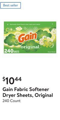 Walmart Gain fabric softener dryer sheets, original offer