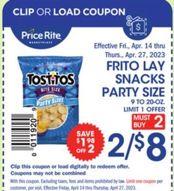 Price Rite Frito lay snacks party size offer
