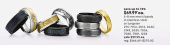 JC Penney 5-8 mm men's bands in stainless steel or tungsten offer