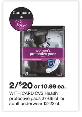 CVS Cvs health protective pads 27-66 ct. or adult underwear 12-22 ct. offer