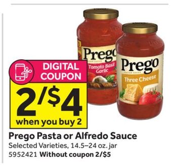 Stop&Shop Prego pasta or alfredo sauce offer