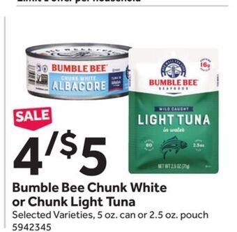 Stop&Shop Bumble bee chunk white or chunk light tuna offer