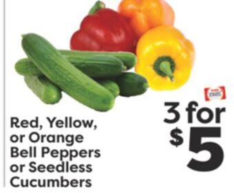 Weis Markets Red, yellow, or orange bell peppers or seedless cucumbers offer