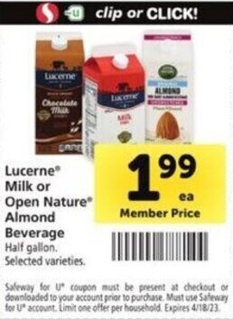 Safeway Lucerne Milk or Open Nature Almond Beverage offer