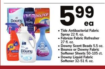 ACME Tide antibacterial fabric spray 22 fl. oz., febreze fabric refresher 27 fl. oz., downy scent beads 5.5 oz., bounce or downy f offer