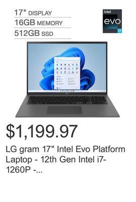 Costco Lg gram 17 intel evo platform laptop - 12th gen intel i7-1260p - 2560 x 1600 display - windows 11 offer