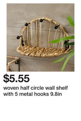 Five Below Woven half circle wall shelf with 5 metal hooks 9.8in offer