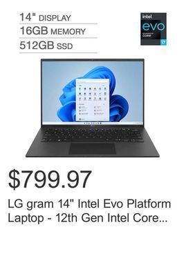 Costco Lg gram 14 intel evo platform laptop - 12th gen intel core i7-1260p - wuxga - 1920 x 1200 display - windows 11 offer