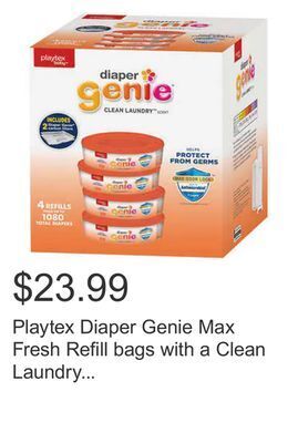 Costco Playtex diaper genie max fresh refill bags with a clean laundry scent and anti-microbial, 1,080 count, plus 2 carbon filters offer