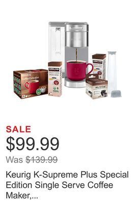 Costco Keurig k-supreme plus special edition single serve coffee maker, with 18 k-cup pods offer