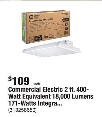 The Home Depot Commercial electric 2 ft. 400-watt equivalent 18,000 lumens 171-watts integrated led dimmable white high bay light 120-277 vo offer