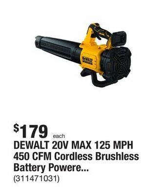 The Home Depot Dewalt 20v max 125 mph 450 cfm cordless brushless battery powered handheld leaf blower (tool only) offer