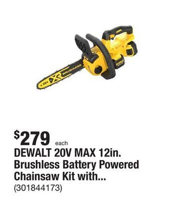 The Home Depot Dewalt 20v max 12in. brushless battery powered chainsaw kit with (1) 5ah battery & charger offer