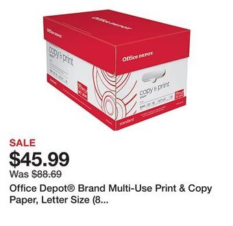 Office Depot Office depot® brand multi-use print & copy paper, letter size (8 1/2 x 11), 92 (u.s.) brightness, 20 lb, white, 500 sheets pe offer