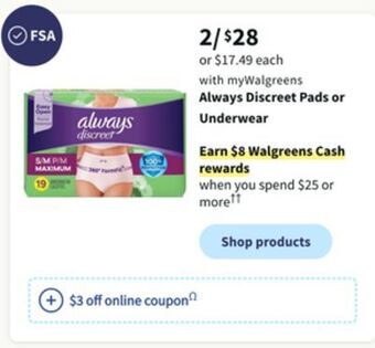 Walgreens Always discreet pads or underwear offer