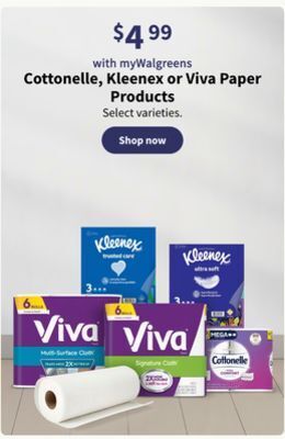 Walgreens Cottonelle, kleenex or viva paper products offer