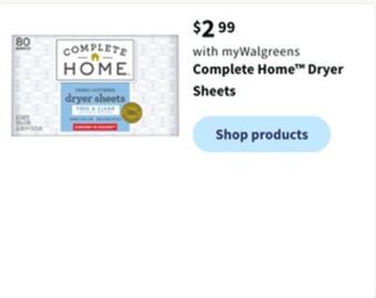 Walgreens Complete home™ dryer sheets offer
