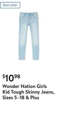 Walmart Wonder nation girls kid tough skinny jeans, sizes 5 -18 & plus offer