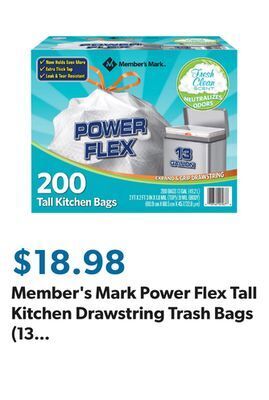 Sam's Club Member's mark power flex tall kitchen drawstring trash bags (13 gal., 200 ct.) offer