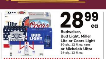 ACME Budweiser, bud light, miller lite or coors light 30-pk., 12 fl. oz. cans or michelob ultra 24-pk., 12 fl. oz. offer