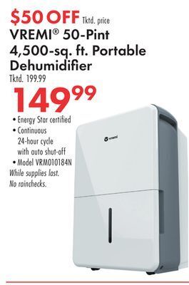 Boscov's Vremi®50-pint 4,500-sq. ft. portable dehumidifier offer