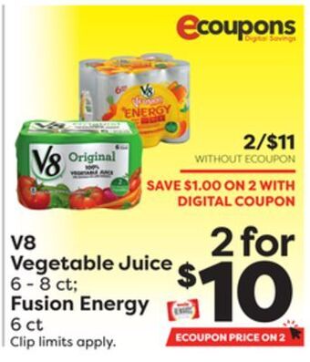 Weis Markets V8 vegetable juice 6-8 ct fusion energy 6 ct offer