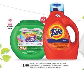CVS Tide, gain 92 oz, tide pods 25, 35 ct., gain flings 42 ct., dreft 46 oz, bounce 240 ct., downy 103 oz, rinse 48 oz or unstopa offer