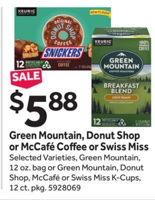 Stop&Shop Green mountain, donut shop or mccafé coffee or swiss miss offer