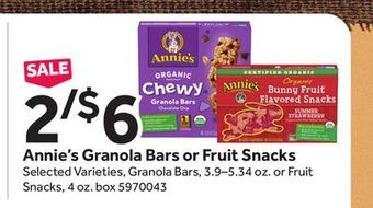 Stop&Shop Annie's granola bars or fruit snacks offer