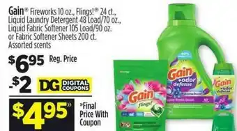 Dollar General Gain Fireworks 10 Oz., Flings!, Liquid Laundry Detergent, Liquid Fabric Softener 105 Load Or Fabric Softener Sheet offer