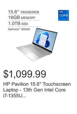 Costco Hp pavilion 15.6 touchscreen laptop - 13th gen intel core i7-1355u - geforce mx550 - 1080p - windows 11 professional offer