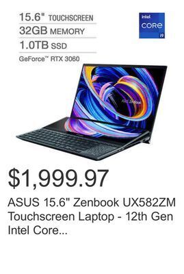 Costco Asus 15.6 zenbook ux582zm touchscreen laptop - 12th gen intel core i9-12900h - geforce rtx 3060 - windows 11 professional - c offer